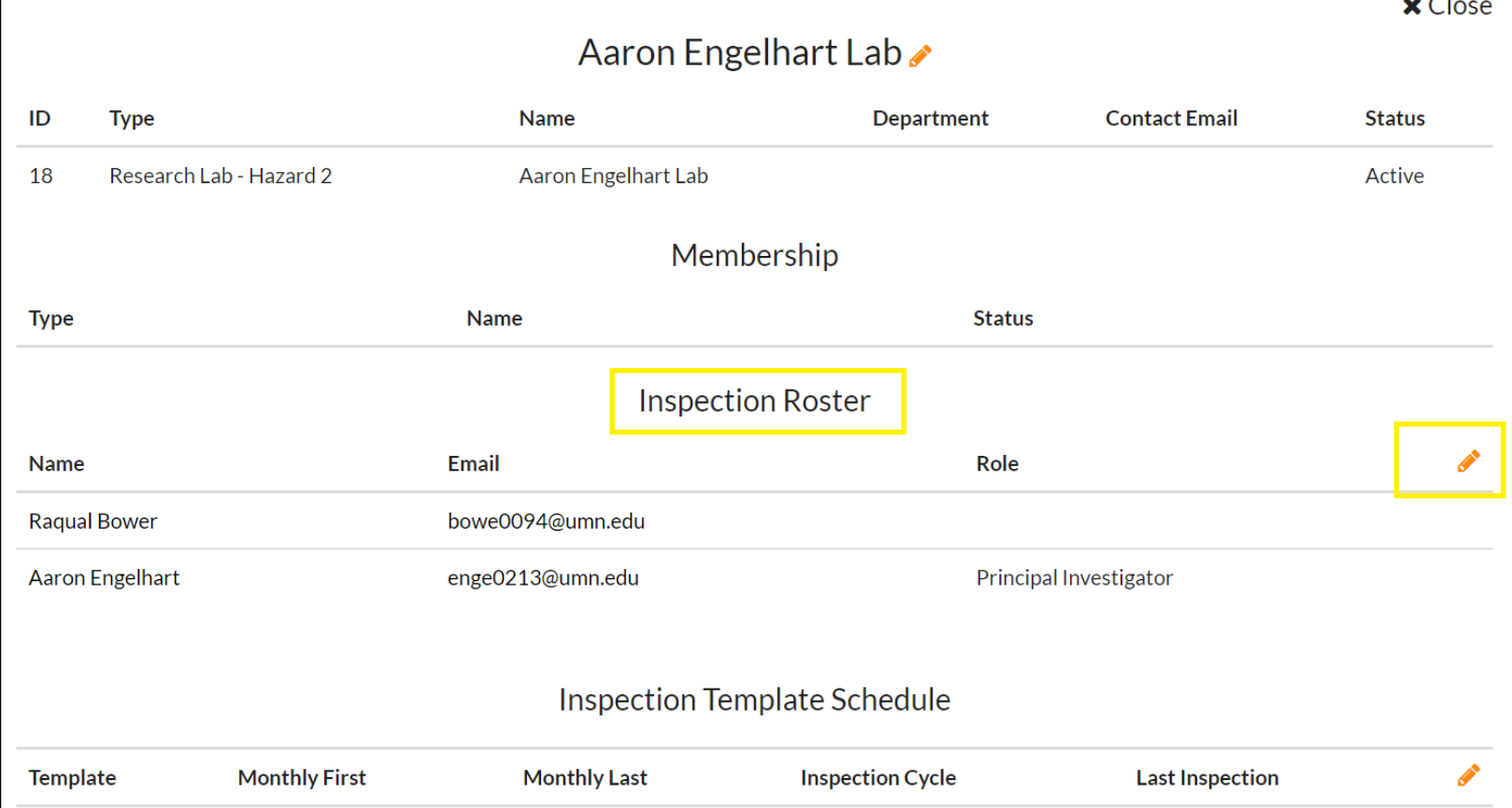 Inspection roster and pencil icon for editing identified for a lab