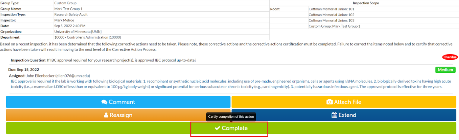 Corrective action identifying the location of the "Complete" button