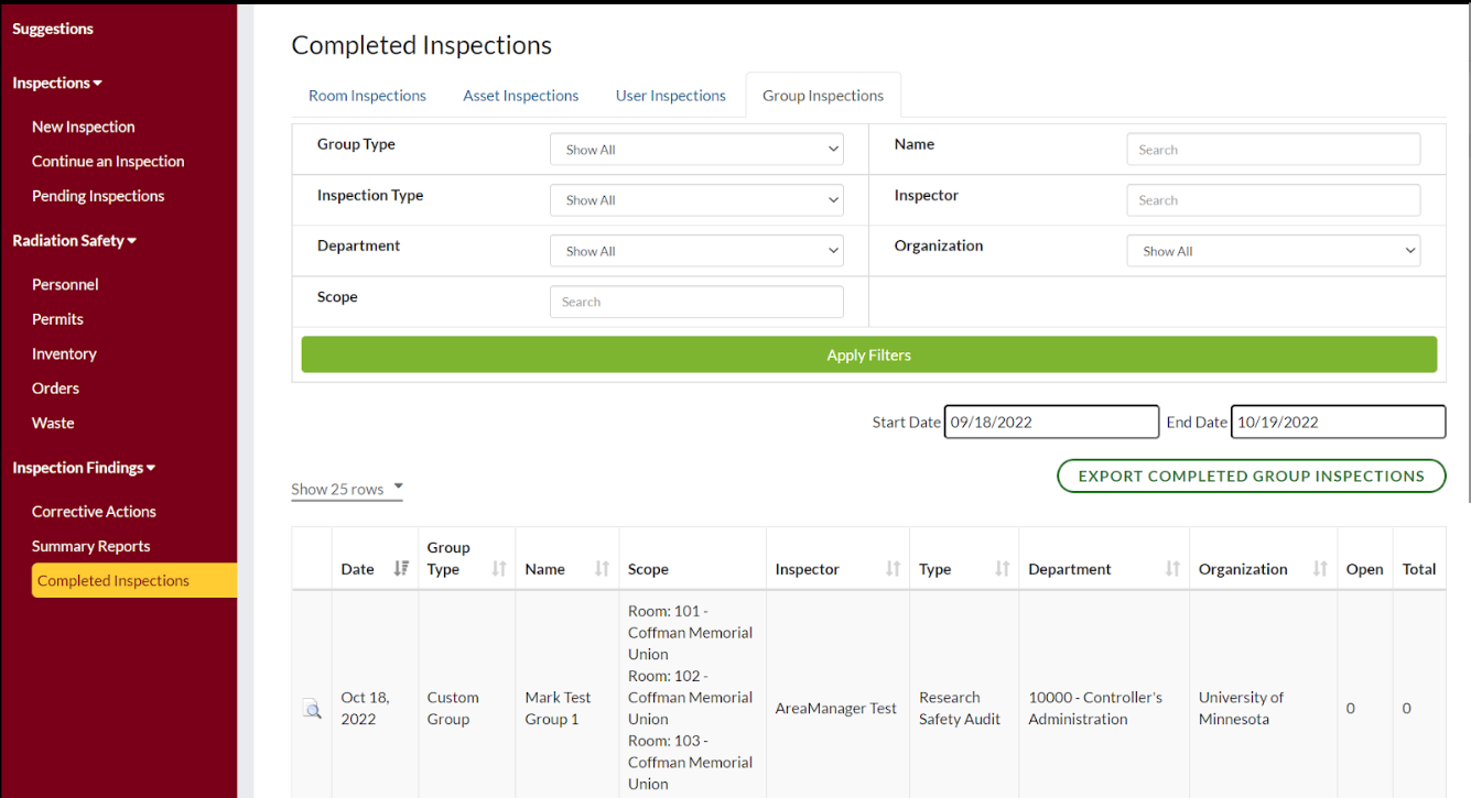 Completed Inspections page